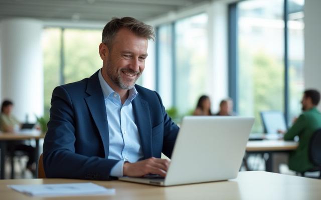 Angestellter sitzt an einem modernen Schreibtisch und lächelt zufrieden