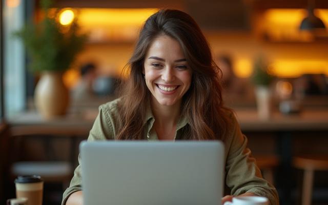 Lächelnde Freelancerin arbeitet konzentriert an ihrem Laptop in einem Café