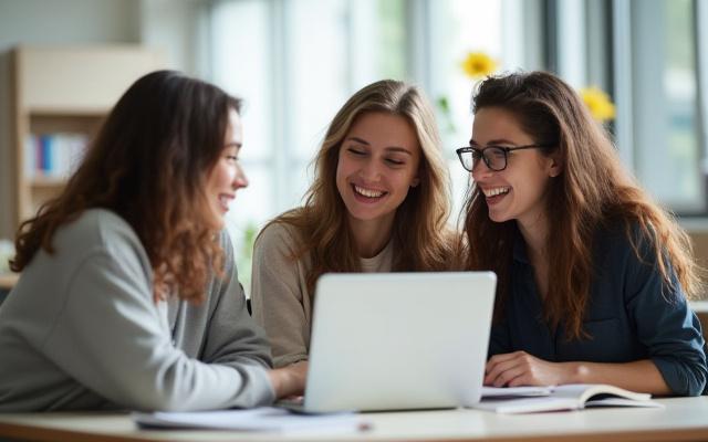 Junge Studierende lachen und arbeiten gemeinsam an einer Universität