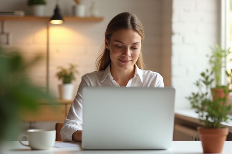 Freelancer arbeitet fokussiert an einem Laptop in einem modernen, hellen Home-Office mit Blick ins Grüne und Kaffee.