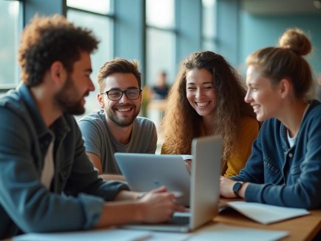 Junge Studierende und Auszubildende, die gemeinsam an Laptops arbeiten, symbolisieren finanzielle Freiheit im Bildungsweg