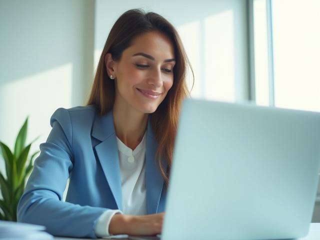 Professionelle Frau im Büro, die einen Laptop benutzt – symbolisiert schnelle und unkomplizierte Finanzlösungen für Angestellte.